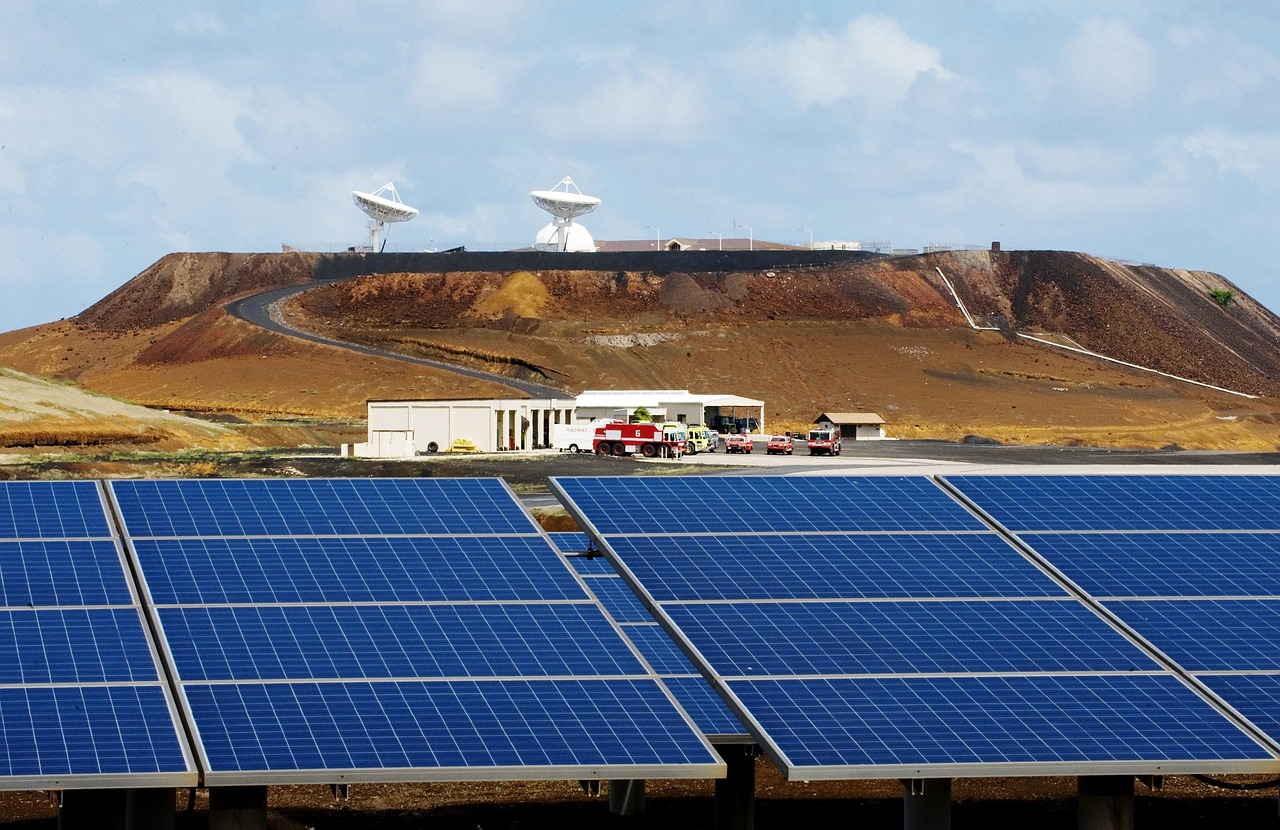 ascension island, solar panels, sky, clouds, ecology, nature, landscape, power, electric, energy, environmentally friendly, blue energy, blue power, blue island